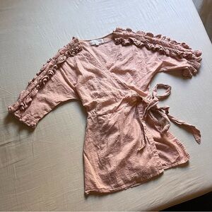 Kristinit light‎ pink Swiss dot ruffle 3/4 long sleeve wrap blouse